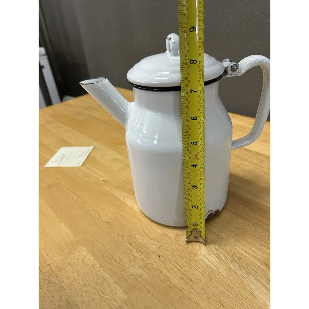Vintage Enamelware Cowboy Coffee Pot Kettle White Black Camp Farmhouse Rustic